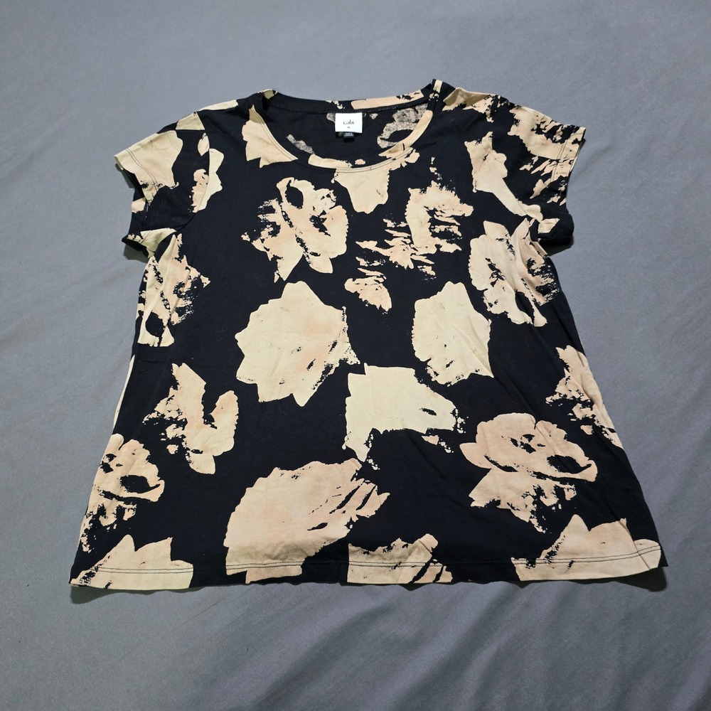Cabi Short Sleeve Tee Women Medium Black Tan Abstract Floral Cotton Top 4373